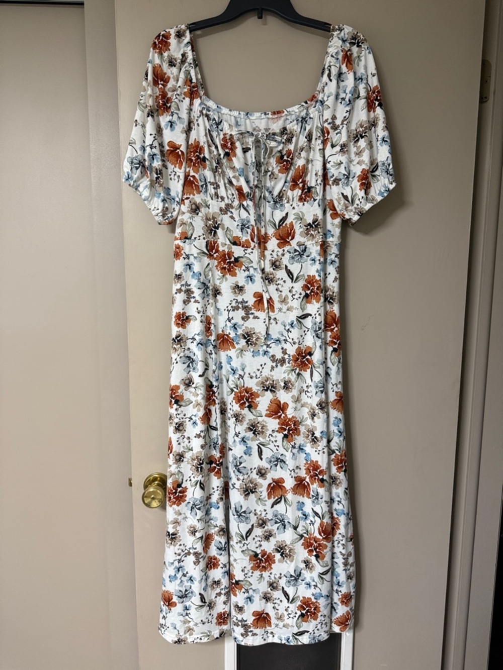 Women's White Floral Midi Dress with Rust & Blue Accents